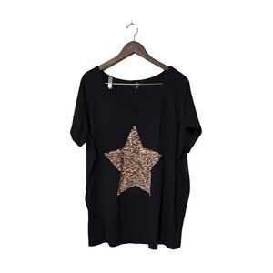 Ellos Womens Plus Size 3X Black Top Leopard Star Print Short Sleeve Casual wear
